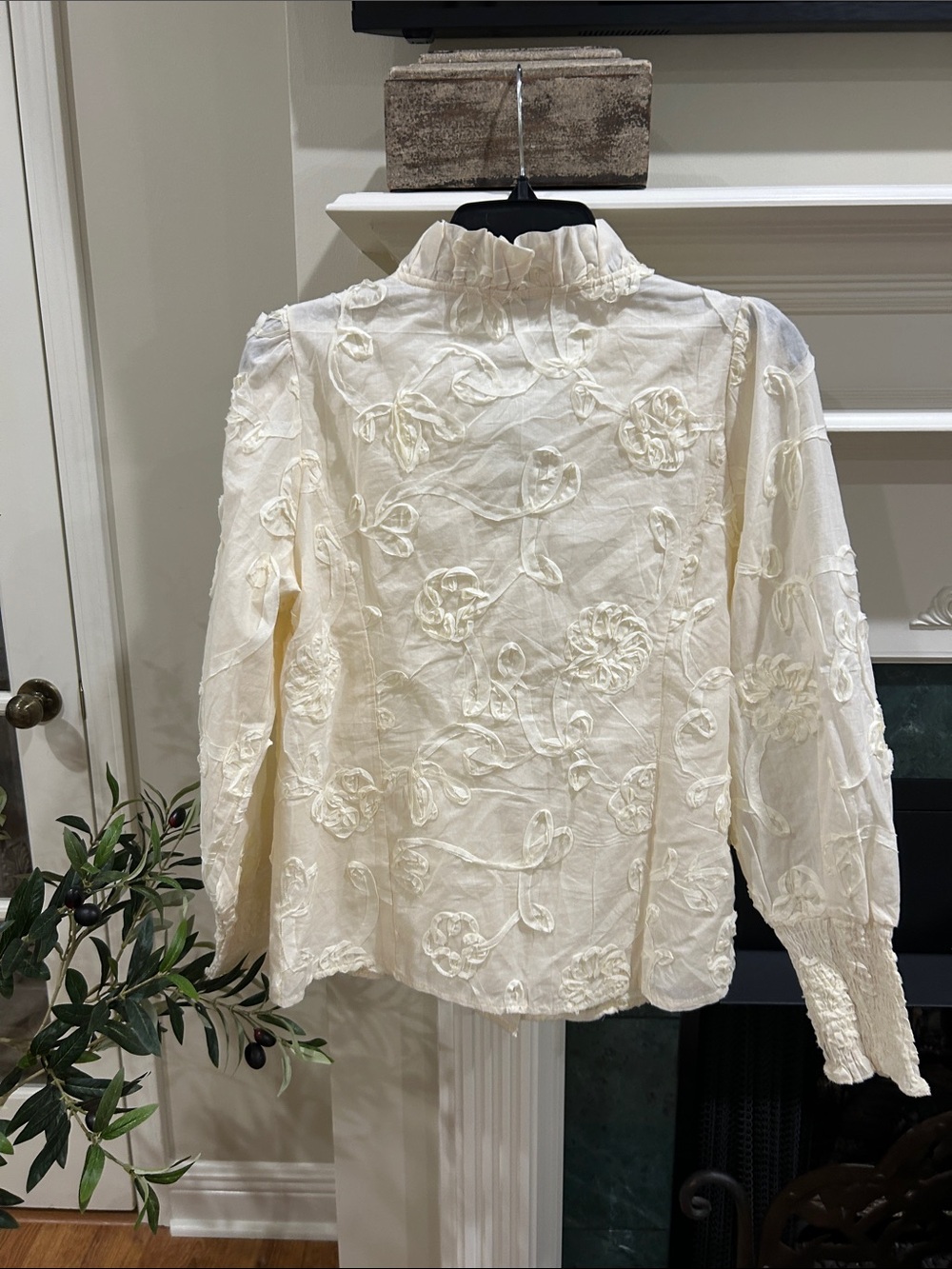 Cream Embroidered Button-Front Blouse - Picture 4 of 4
